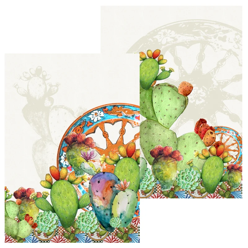 Set 2 Canovacci in Puro Cotone Fantasia Cactus - Ruota Carretto Siciliano