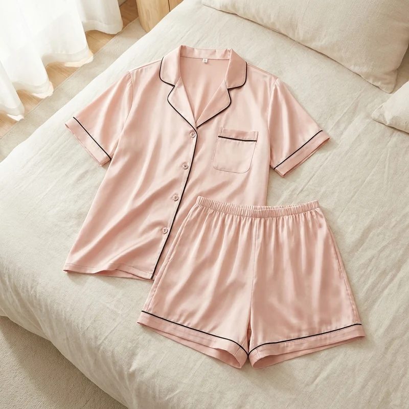 Pyjama en Soie de Mûrier 100% – Top Manches Courtes & Short, Femme