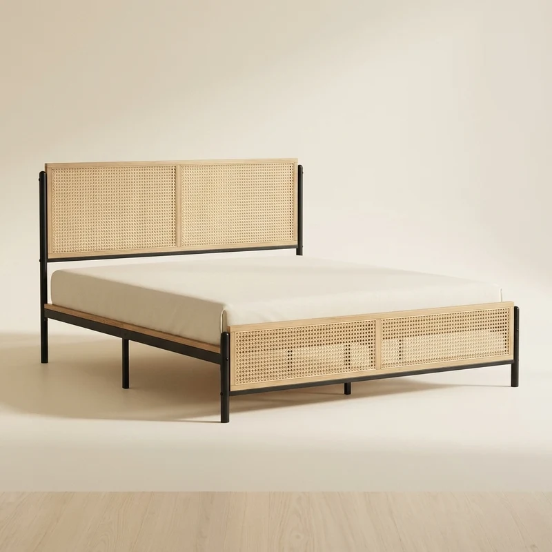 Lit Plateforme NAYA 140×190 - Tête et Pied de Lit en Rotin Naturel