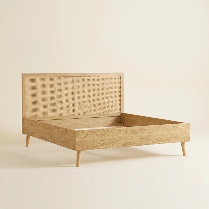 Lit Double ELARA 160×200 cm - Tête de Lit en Cannage Rotin, Sommier Inclus