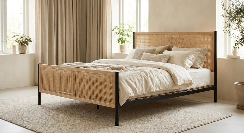 Lit en Rotin & Cannage – Tête de Lit inclus 140×200