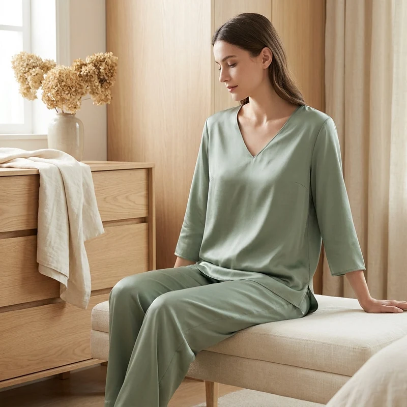 Ensemble Pyjama en Soie de Mûrier 20MM - Haut Col V & Pantalon