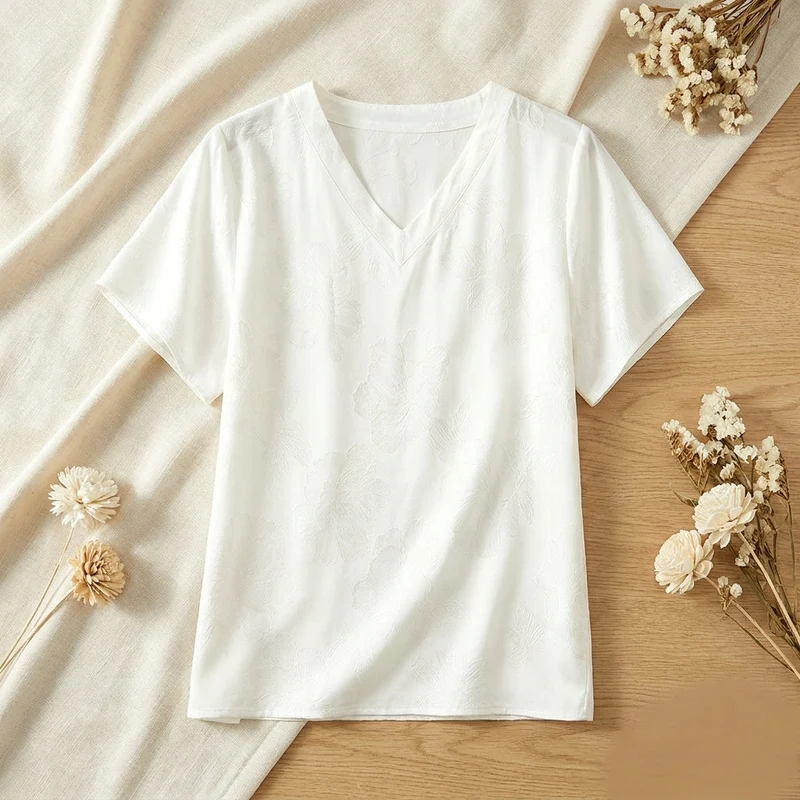 T-Shirt Col V en Soie de Mûrier 100%
