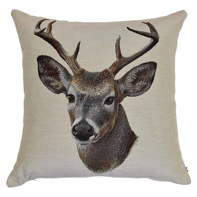 Cuscino in Cotone Stampato con Cervo Frontale - Stag