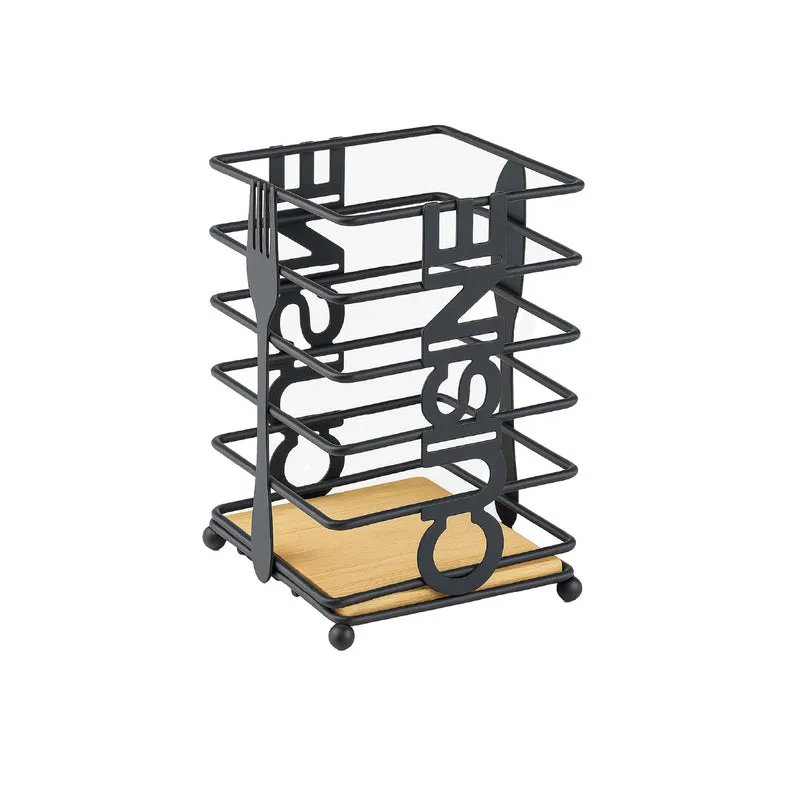 Porta Utensili da Cucina in Metallo Nero con Base in Legno Il Gruppone