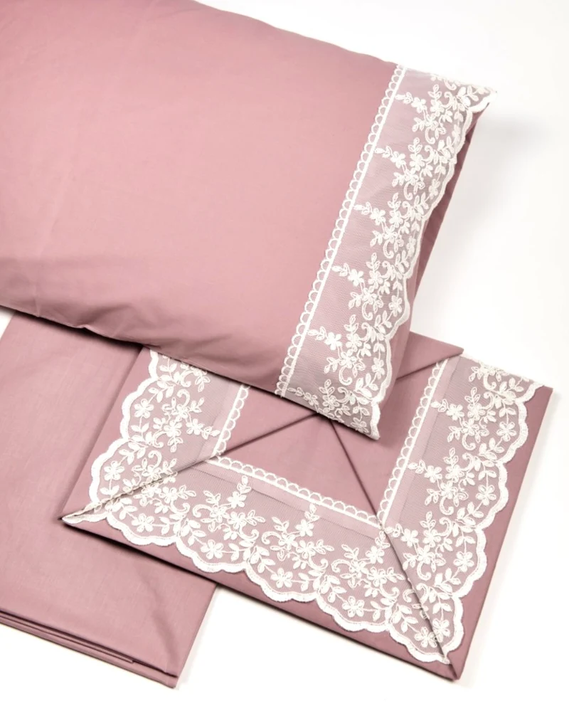 Completo Lenzuola Elegance Malva Matrimoniale con Bordo In Pizzo 100% Cotone