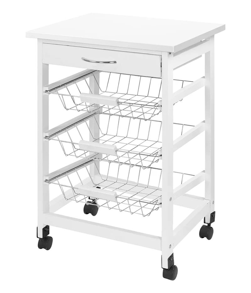 Carrello da Cucina in Legno con Ruote 3 Cesti Estraibili e Cassetto Bianco Il Gruppone