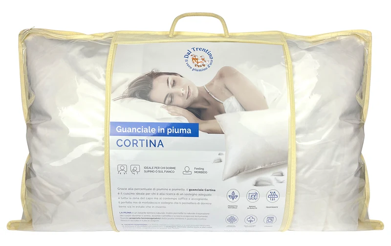 Guanciale Dal Trentino In Vera Piuma D'oca Cuscino Letto Bianco Forma A Saponetta 50 x 80 Cm Prodotto Certificato Oeko Tex Pregiato Qualità Hotel Albergo