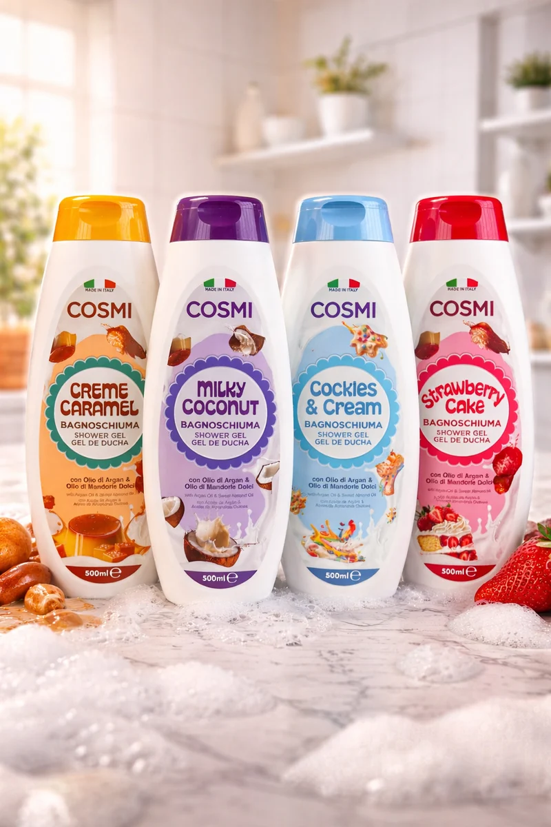 Cosmi Set 4 Bagnoschiuma 500 ml – Creme Caramel, Milky Coconut, Cookies & Cream, Strawberry Cake