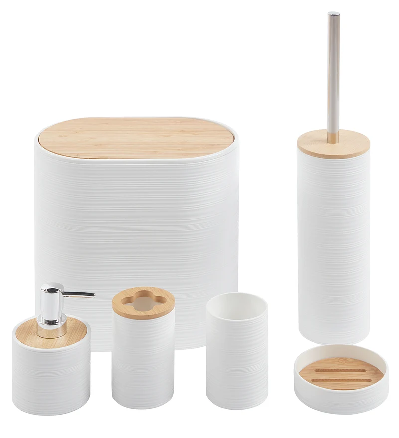 Set Accessori Bagno 6 Pezzi Design Moderno in Plastica e Bambù con Cestino e Dispenser Il Gruppone