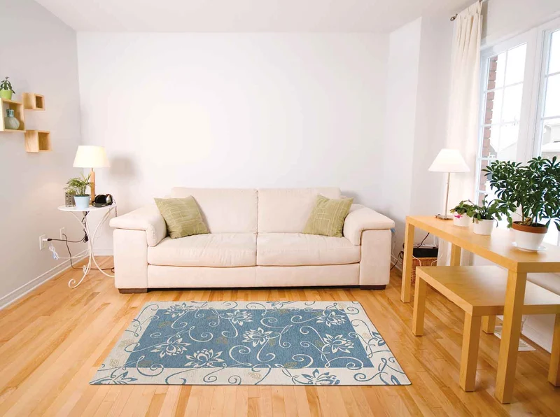 Tappeto Arredo Moderno Antiscivolo in Ciniglia Made in italy Disegni Piazzati Cotone Ninfea Azzurro
